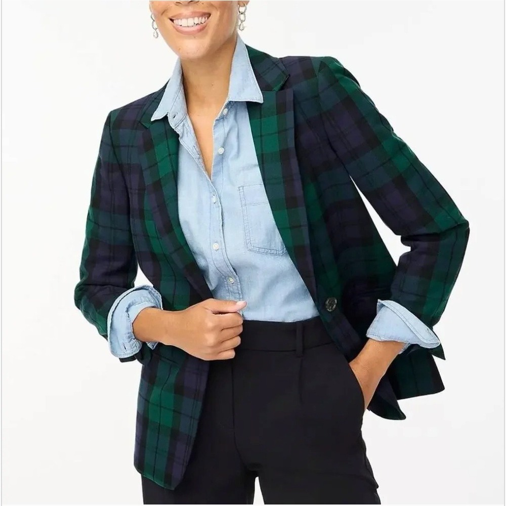 J.Crew Women Green Blue Black Watch Plaid Blazer Jacket Size 12‎ Tartan Preppy